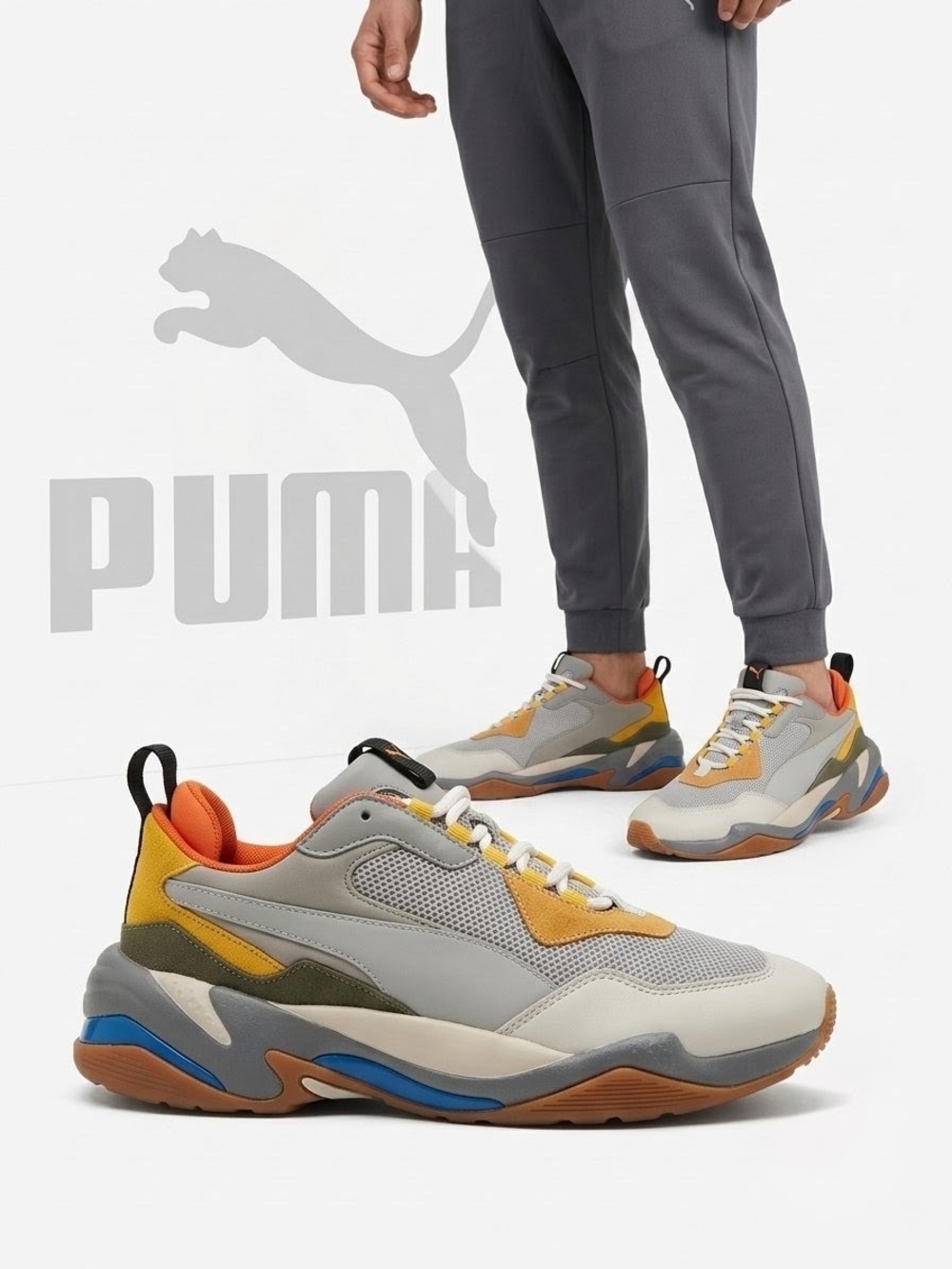 PUMA Thunder Riveira Chunky Sneakers - Gray with Orange & Blue Accents